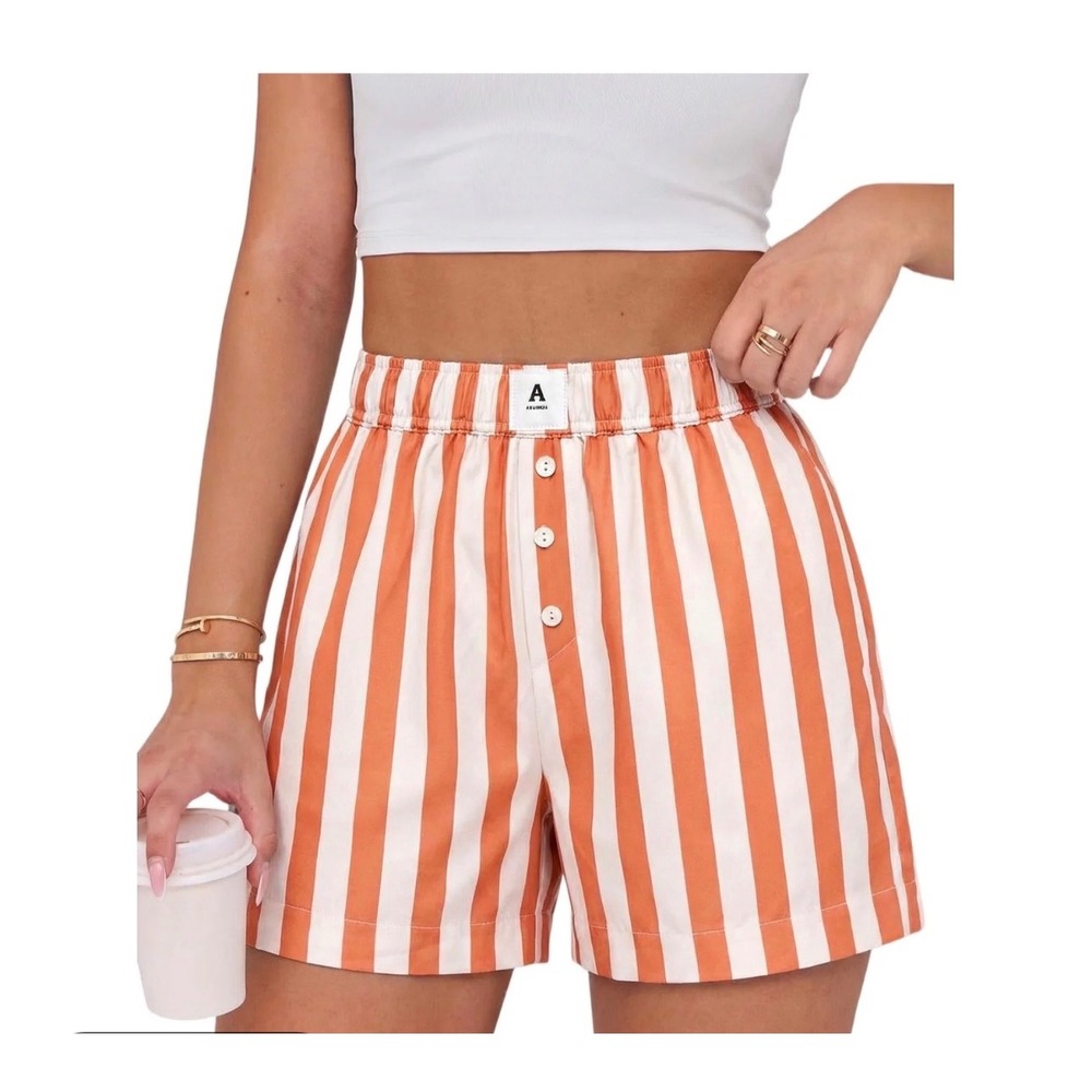Anthropologie Orange White Striped Cotton Boxer Lounge Shorts Size M